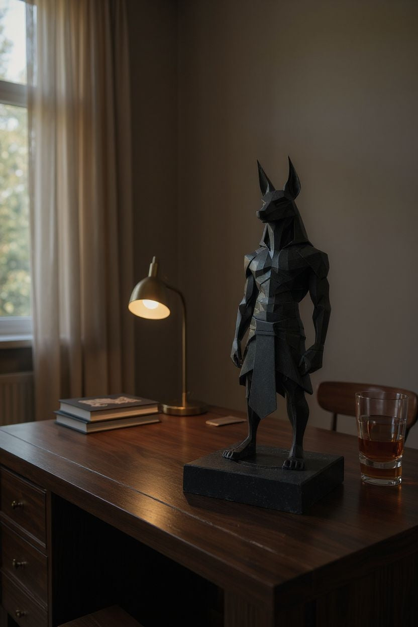 Low Poly Anubis Statue – Großformatige 3D-gedruckte Skulptur im ägyptischen Polygon-Design
