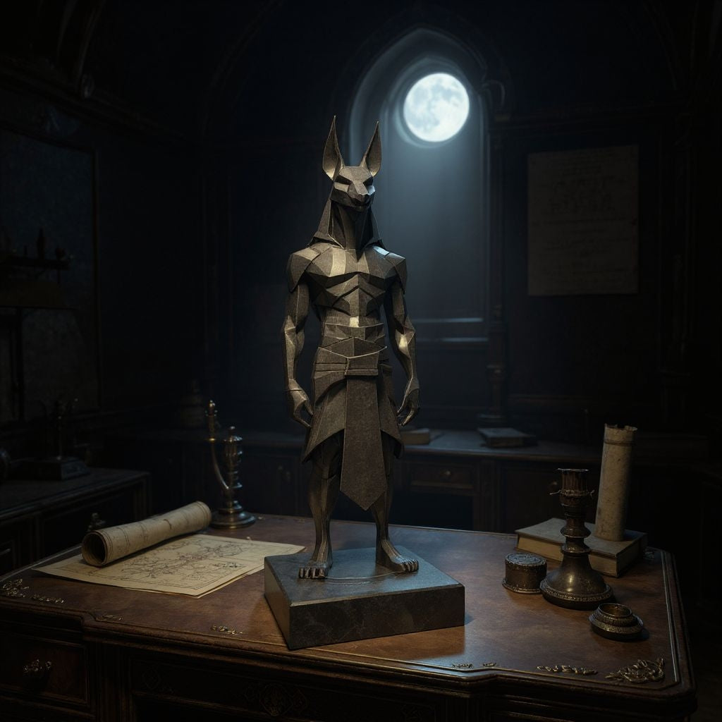 Low Poly Anubis Statue – Großformatige 3D-gedruckte Skulptur im ägyptischen Polygon-Design