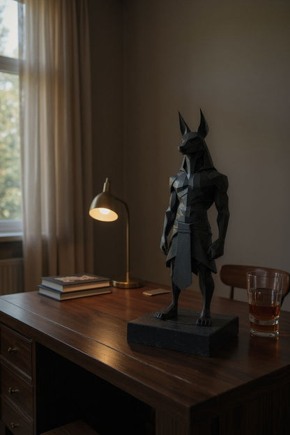 Low Poly Anubis Statue – Großformatige 3D-gedruckte Skulptur im ägyptischen Polygon-Design