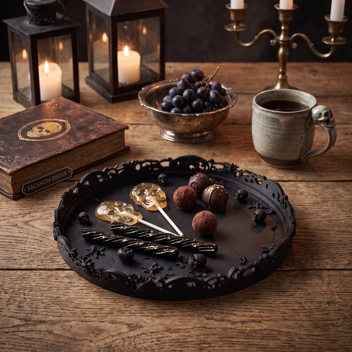 Gothic Tablett Deko mit Totenköpfen ornamentale Ablage Halloween Deko Schmuckablage für Gothic Wohnung Wohnzimmer und Geschenk