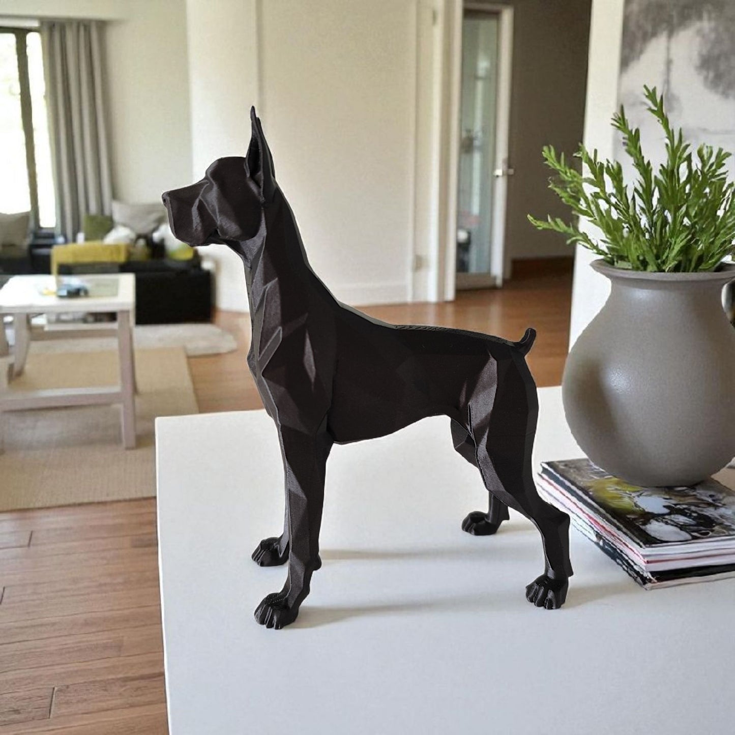 Low Poly Great Dane – Elegante 3D-gedruckte Skulptur im polygonalen Design