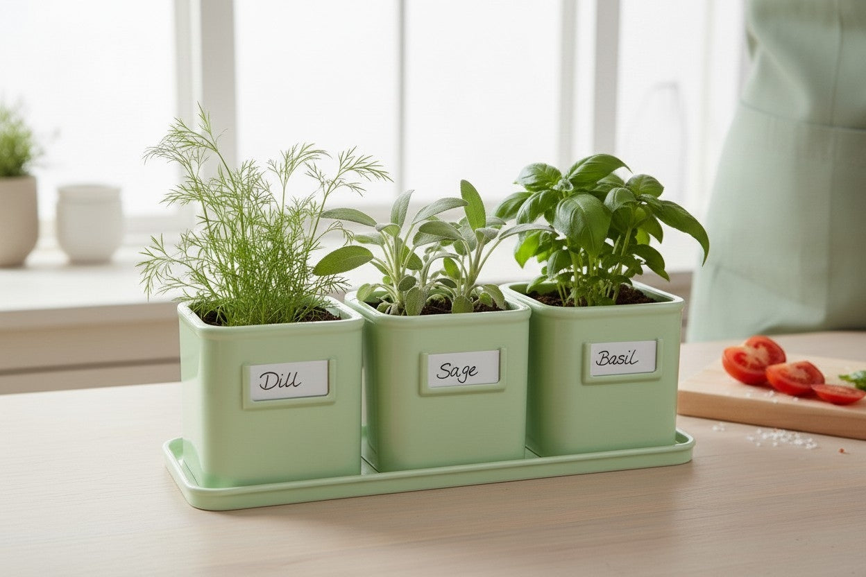 Kräutertopf Set mit Untersetzer, 3 Pflanztöpfe für Küche & Fensterbank