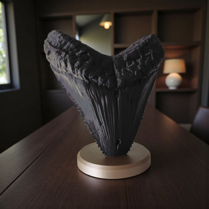 Megalodon Tooth Fossil – Realistische Deko-Skulptur auf Standfuß