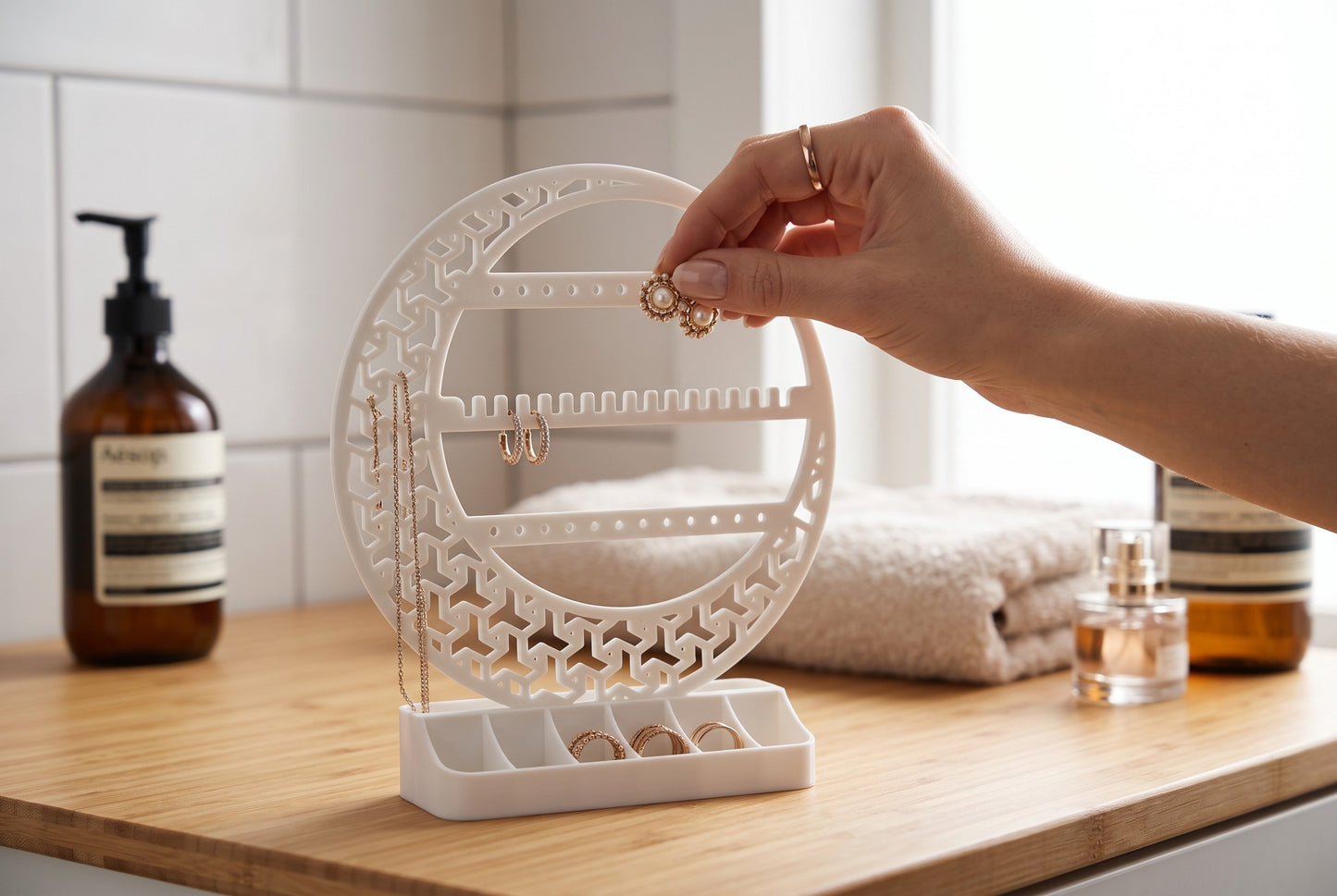 Schmuck Organizer Mond Schmuckständer Ohrringhalter Ringhalter mit Ablage für Schminktisch Bad und Geschenkidee