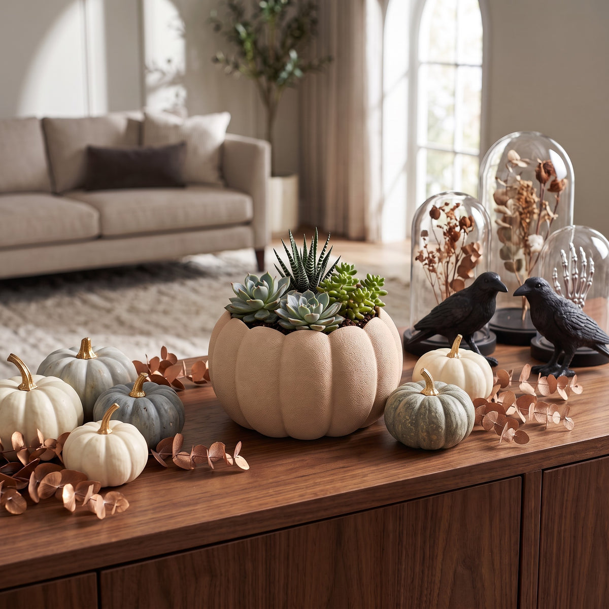 Kürbis Übertopf für Sukkulenten herbstliches Pflanzgefäß als gemütliche Herbstdeko für Wohnzimmer und Geschenkidee