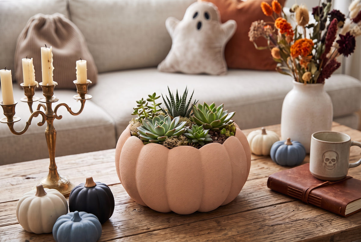 Kürbis Übertopf für Sukkulenten herbstliches Pflanzgefäß als gemütliche Herbstdeko für Wohnzimmer und Geschenkidee