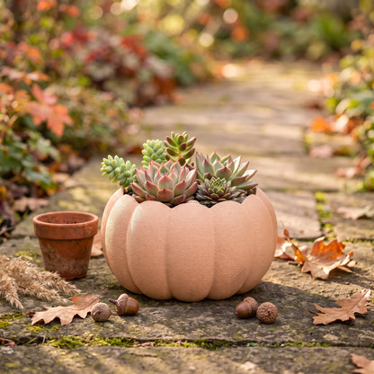 Kürbis Übertopf für Sukkulenten herbstliches Pflanzgefäß als gemütliche Herbstdeko für Wohnzimmer und Geschenkidee