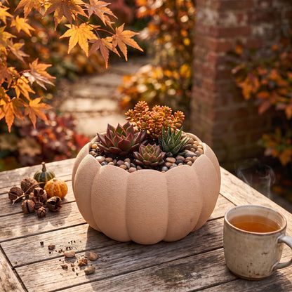Kürbis Übertopf für Sukkulenten herbstliches Pflanzgefäß als gemütliche Herbstdeko für Wohnzimmer und Geschenkidee
