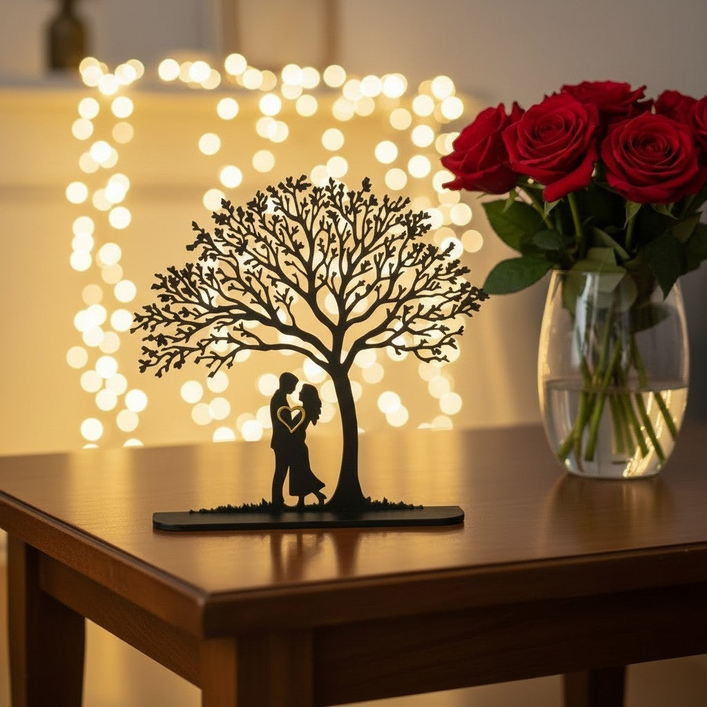 Couple Under The Tree – Romantische Silhouetten-Skulptur mit Herz